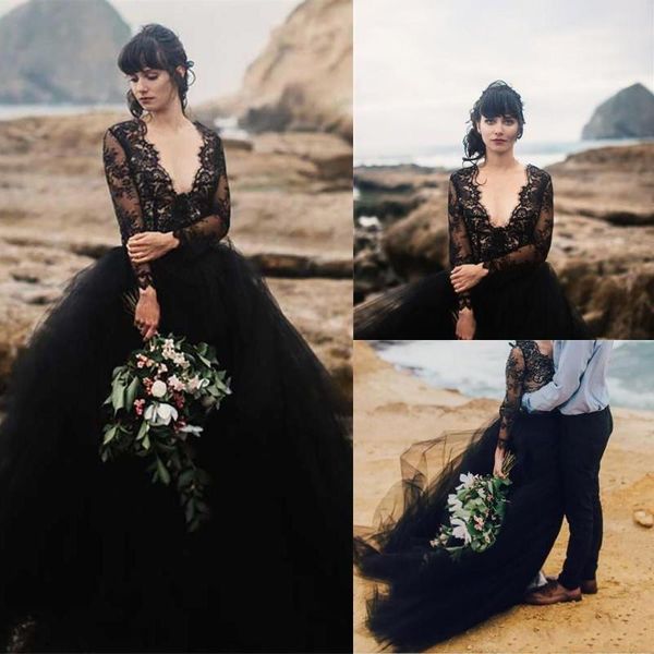 other wedding dresses deep v-neck illusion long sleeves lace tulle skirt gothic backless bridal gowns beach black dress, White
other wedding dresses deep v-neck illusion long sleeves lace tulle skirt gothic backless bridal gowns beach black dress, White
