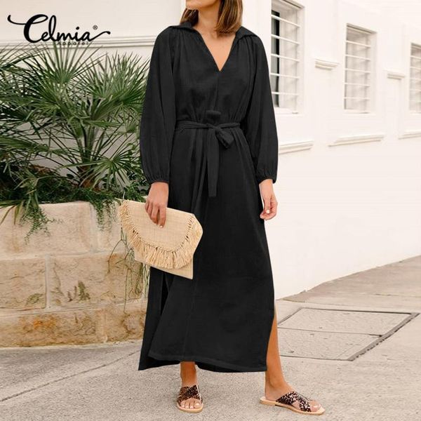 casual dresses 2021 celmia women maxi dress loose split hem v-neck long autumn sleeve robe belted solid party vestido, Black;gray
casual dresses 2021 celmia women maxi dress loose split hem v-neck long autumn sleeve robe belted solid party vestido, Black;gray