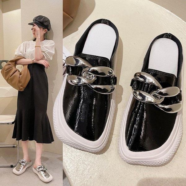 slippers metal buckle 2021 spring and summer big-toed shoes personality square toe flat-bottomed baotou half female, Black 
slippers metal buckle 2021 spring and summer big-toed shoes personality square toe flat-bottomed baotou half female, Black