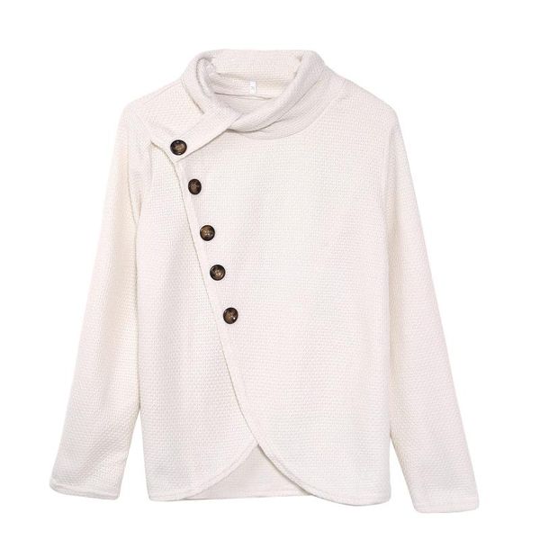 women's sweaters long sleeve pullover turtleneck oblique buttons waffle knitted sweater, White;black
women's sweaters long sleeve pullover turtleneck oblique buttons waffle knitted sweater, White;black
