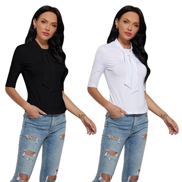women's t-shirt autumn slubby cotton solid color thin bow middle sleeve temperament lady t-shirt006, White
women's t-shirt autumn slubby cotton solid color thin bow middle sleeve temperament lady t-shirt006, White