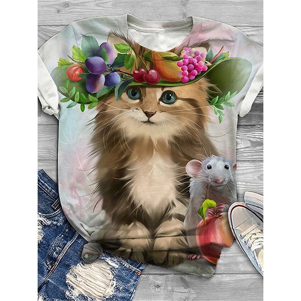 cat and mouse pattern women's fashion style 3d printing round neck casual streetwear summer basic short-sleeved t-shirt, White
cat and mouse pattern women's fashion style 3d printing round neck casual streetwear summer basic short-sleeved t-shirt, White