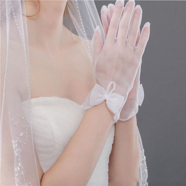bridal gloves elegant short tulle full finger wedding spring wrist length bride's glove church party for women, White 
bridal gloves elegant short tulle full finger wedding spring wrist length bride's glove church party for women, White