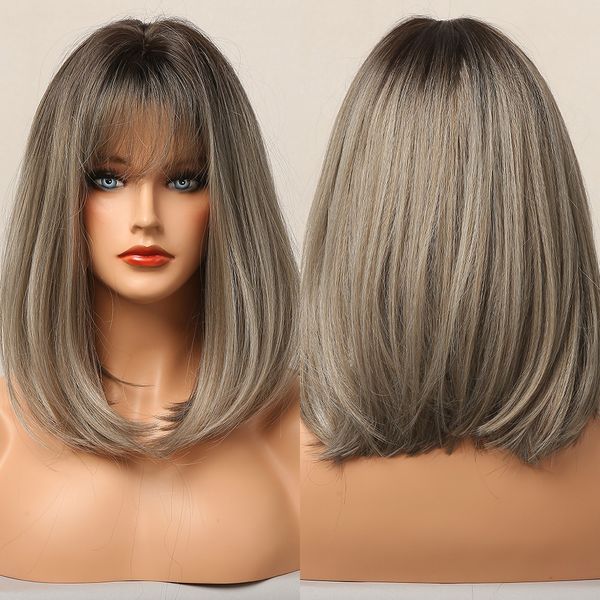 medium long bobo straight wig with bang ombre ash brown blonde synthetic wigs for women heat resistant fiber daily party cosplay, Black
medium long bobo straight wig with bang ombre ash brown blonde synthetic wigs for women heat resistant fiber daily party cosplay, Black