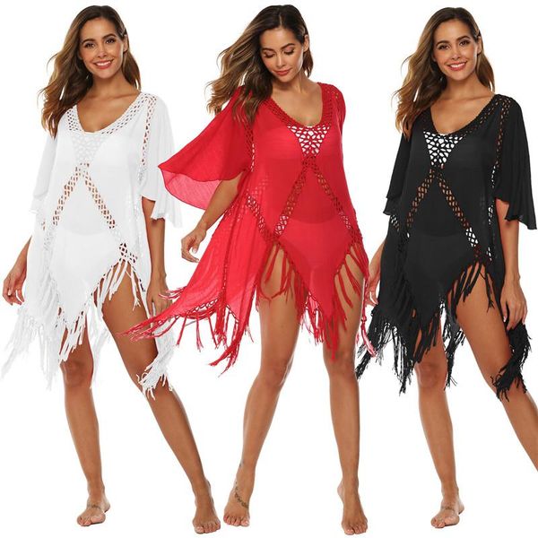 women's swimwear beach cover up dress trumpet sleeve long bathing dresses red white tassel beachwear bikini solid hollow out, White;black
women's swimwear beach cover up dress trumpet sleeve long bathing dresses red white tassel beachwear bikini solid hollow out, White;black