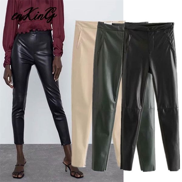 3 color autumn winter women high waist black beige faux leather pants lady pu slim elastic elegant trousers 210628, Black;white 
3 color autumn winter women high waist black beige faux leather pants lady pu slim elastic elegant trousers 210628, Black;white