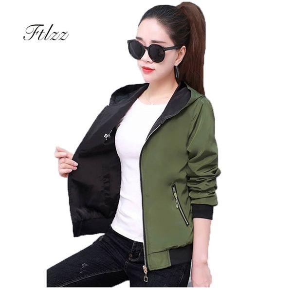 plus size short jacket women slim hooded long sleeved zipper green coats female fashion two-sided spring autumn outerwear 210922, Black;brown 
plus size short jacket women slim hooded long sleeved zipper green coats female fashion two-sided spring autumn outerwear 210922, Black;brown