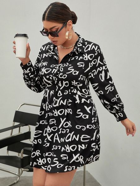 plus letter graphic shirt dress n7m1#, Black 
plus letter graphic shirt dress n7m1#, Black