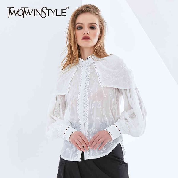 white embroidery shirt for women stand collar puff long sleeve elegant see through blouse female spring fashion 210423
white embroidery shirt for women stand collar puff long sleeve elegant see through blouse female spring fashion 210423