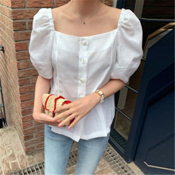 women's blouses & shirts women shirt solid color button square collar puff sleeve summer slim simple 2021 office lady casual fashion, White
women's blouses & shirts women shirt solid color button square collar puff sleeve summer slim simple 2021 office lady casual fashion, White