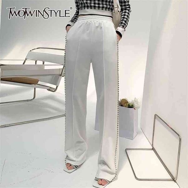 twotwinstyle white casual diamonds pant for women high waist solid elastic minimalist pants females fashion summer clothing 210925, Black;white
twotwinstyle white casual diamonds pant for women high waist solid elastic minimalist pants females fashion summer clothing 210925, Black;white