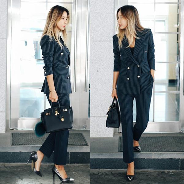 spring and autumn women's fashion stripe small suit set temperament casual professional nine pants two piece, White
spring and autumn women's fashion stripe small suit set temperament casual professional nine pants two piece, White