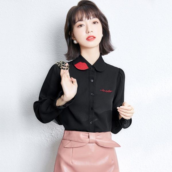 women's blouses & shirts lip embroidery chiffon black long ruffles sleeve spring thin letters ol elegant summer casual wear 1121, White
women's blouses & shirts lip embroidery chiffon black long ruffles sleeve spring thin letters ol elegant summer casual wear 1121, White
