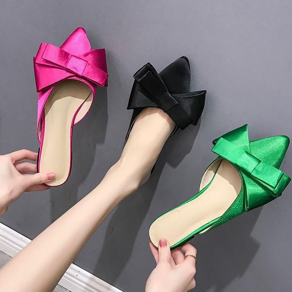 spring and summer women's shoes silk satin pointed bow tie slippers baotou flat heel sets semi, Black
spring and summer women's shoes silk satin pointed bow tie slippers baotou flat heel sets semi, Black