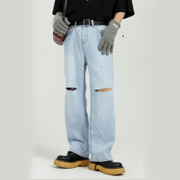 men's korean style distressed hole straight washed jeans trousers male harajuku streetwear vintage hip hop denim pant, Blue
men's korean style distressed hole straight washed jeans trousers male harajuku streetwear vintage hip hop denim pant, Blue