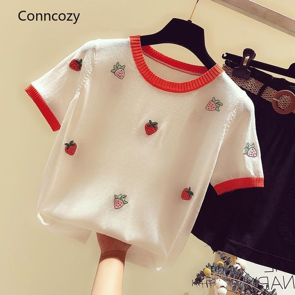 women's t-shirt strawberry print summer short-sleeved ice silk sweater thin section 2021 korean loose round neck, White
women's t-shirt strawberry print summer short-sleeved ice silk sweater thin section 2021 korean loose round neck, White