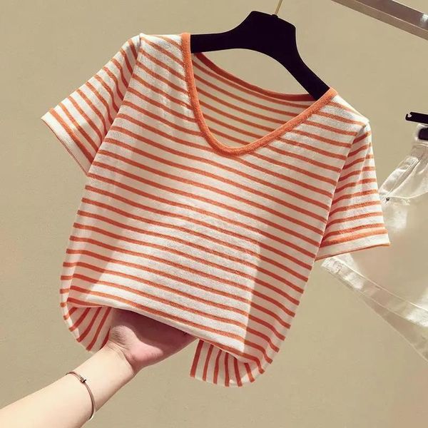 women's t-shirt striped knitted short sleeve korean loose and versatile v-neck slim half summer tees p3 353, White
women's t-shirt striped knitted short sleeve korean loose and versatile v-neck slim half summer tees p3 353, White