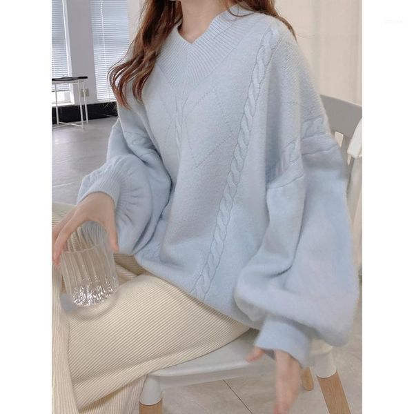 women's sweaters hair 2021 winter korean blended soft thickened v-neck lantern sleeve loose oversize women knitted pink sweater pullo, White;black
women's sweaters hair 2021 winter korean blended soft thickened v-neck lantern sleeve loose oversize women knitted pink sweater pullo, White;black