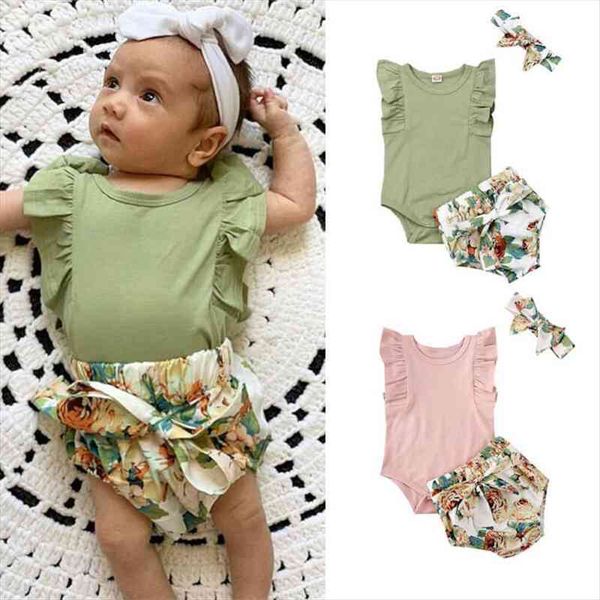 3pcs newborn baby girls clothes flying sleeve ruffle green pink romper floral shorts headband summer casual sunsuit, White
3pcs newborn baby girls clothes flying sleeve ruffle green pink romper floral shorts headband summer casual sunsuit, White