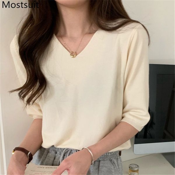 summer knitted t shirt women half sleeve v-neck solid fashion tees korean casual loose female t-shirt femme 210514, White
summer knitted t shirt women half sleeve v-neck solid fashion tees korean casual loose female t-shirt femme 210514, White