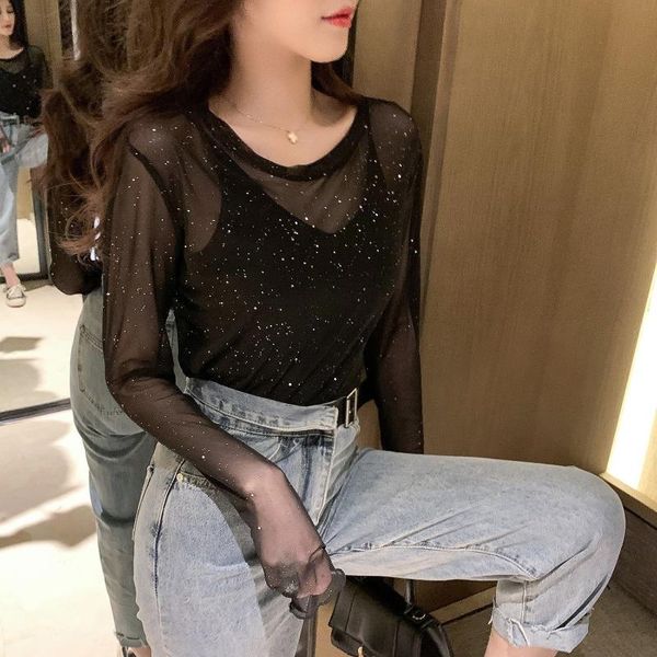 women's t-shirt 2021 summer perspective sequins net red women sunscreen backing long-sleeved korean version y2k, White
women's t-shirt 2021 summer perspective sequins net red women sunscreen backing long-sleeved korean version y2k, White