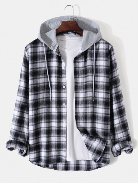 men plaid print drawstring hooded shirt without tee 77lu#, White;black
men plaid print drawstring hooded shirt without tee 77lu#, White;black