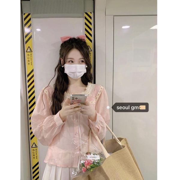 women's blouses & shirts female korean sweet aging pink heavy industry stitching lace square neck long sleeve, White
women's blouses & shirts female korean sweet aging pink heavy industry stitching lace square neck long sleeve, White