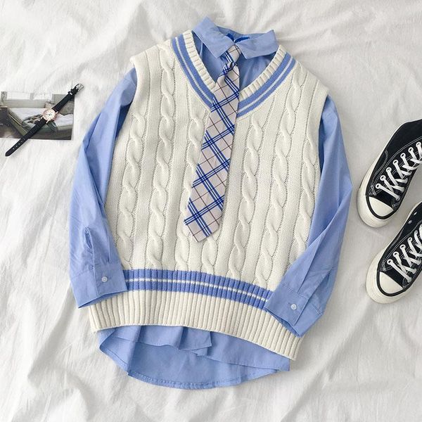 two piece dress 2021 college style v-neck women sweaters vest fashion suit women's korean two-piece female blue shirts, White
two piece dress 2021 college style v-neck women sweaters vest fashion suit women's korean two-piece female blue shirts, White