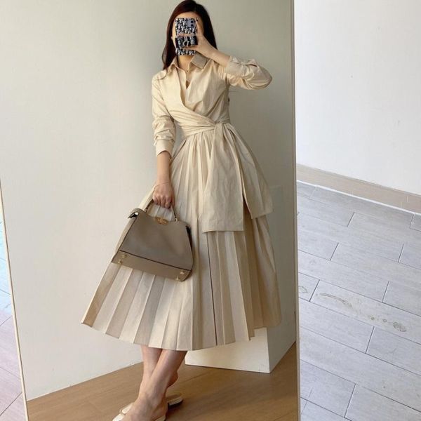 casual dresses superaen french design lace-up mid-length solid turn-down collar folds a-line office lady for women, Black;gray 
casual dresses superaen french design lace-up mid-length solid turn-down collar folds a-line office lady for women, Black;gray