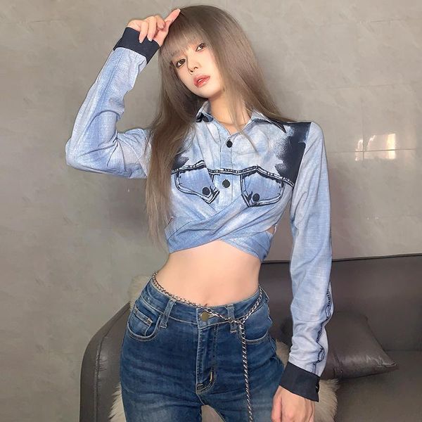 women's t-shirt spring and autumn retro gradient blue tie-dye denim short jacket cross lace-up long sleeve shirt women, White
women's t-shirt spring and autumn retro gradient blue tie-dye denim short jacket cross lace-up long sleeve shirt women, White