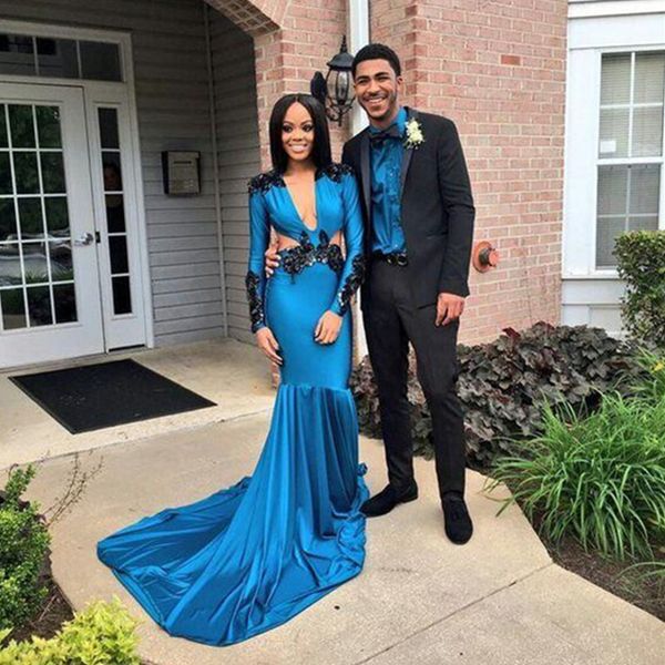 lace appliques prom dresses deep v neck mermaid evening gowns cutaway sides long sleeves formal party dress, Black
lace appliques prom dresses deep v neck mermaid evening gowns cutaway sides long sleeves formal party dress, Black