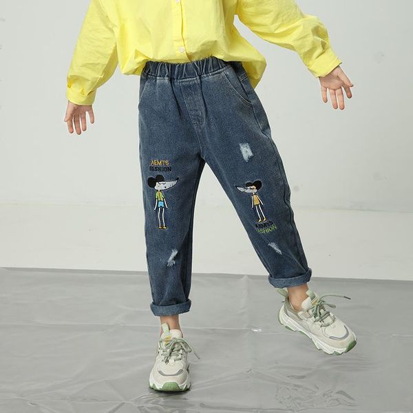 kids girl jeans casual denim pants cartoon trousers for girls fashion children clothes elastic waist embroidered ripped, Blue