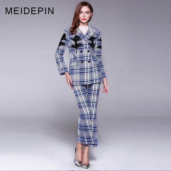 women's suits & blazers autumn arrival workwear pant notched blazer loose trousers plaid printed embrodiery outfits twin sets, White;black 
women's suits & blazers autumn arrival workwear pant notched blazer loose trousers plaid printed embrodiery outfits twin sets, White;black