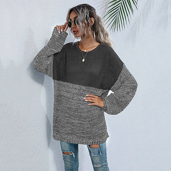 2021 fall sweater contrast round neck, long sleeve knitted women's mid-long style, White;black
2021 fall sweater contrast round neck, long sleeve knitted women's mid-long style, White;black