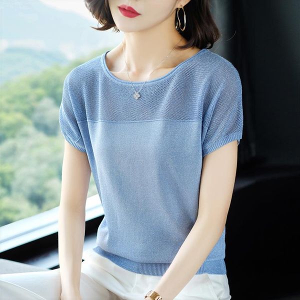 women shiny loose thin womens sweaters short sleeve pullover female hollow out knitted bright silk t shirts o neck comfortable, White;black
women shiny loose thin womens sweaters short sleeve pullover female hollow out knitted bright silk t shirts o neck comfortable, White;black