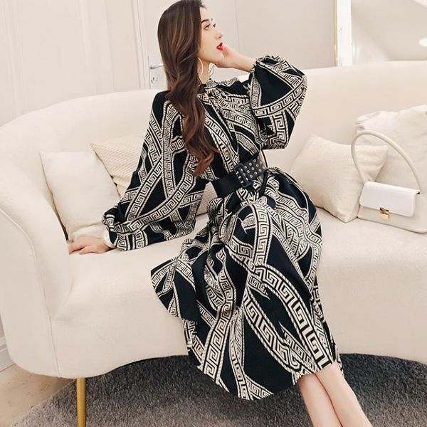 Ethnic vintage print high waist maxi fashion dress feminine boho casual shirt robes, Black;gray
Ethnic vintage print high waist maxi fashion dress feminine boho casual shirt robes, Black;gray