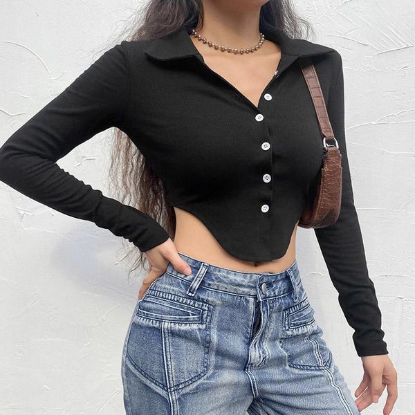 women's t-shirt autumn ladies midriff-baring cropped female y2k solid color lapel single-breasted long sleeve slim base shirt, White
women's t-shirt autumn ladies midriff-baring cropped female y2k solid color lapel single-breasted long sleeve slim base shirt, White
