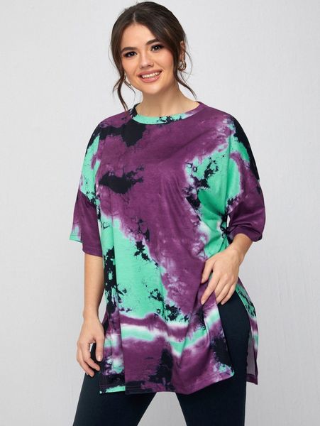 plus split hem tie dye tee f7xp#, Black