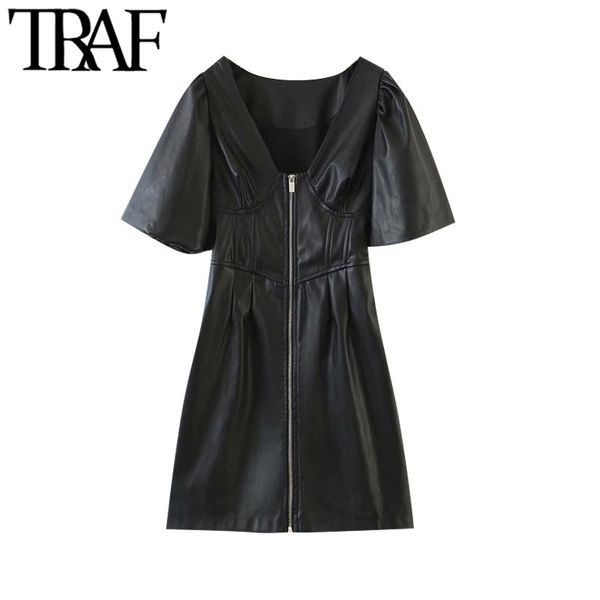traf women chic fashion faux leather zip-up mini dress vintage v neck puff sleeve female dresses vestidos mujer 210415, Black;gray
traf women chic fashion faux leather zip-up mini dress vintage v neck puff sleeve female dresses vestidos mujer 210415, Black;gray