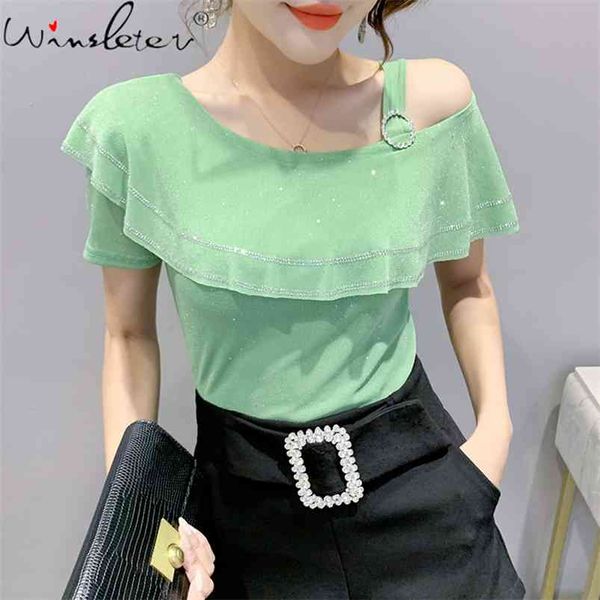 summer korean style t-shirt fashion off shoulder ruffles diamonds women short sleeve bottoming shirt tees t14610a 210421, Black;gray
summer korean style t-shirt fashion off shoulder ruffles diamonds women short sleeve bottoming shirt tees t14610a 210421, Black;gray