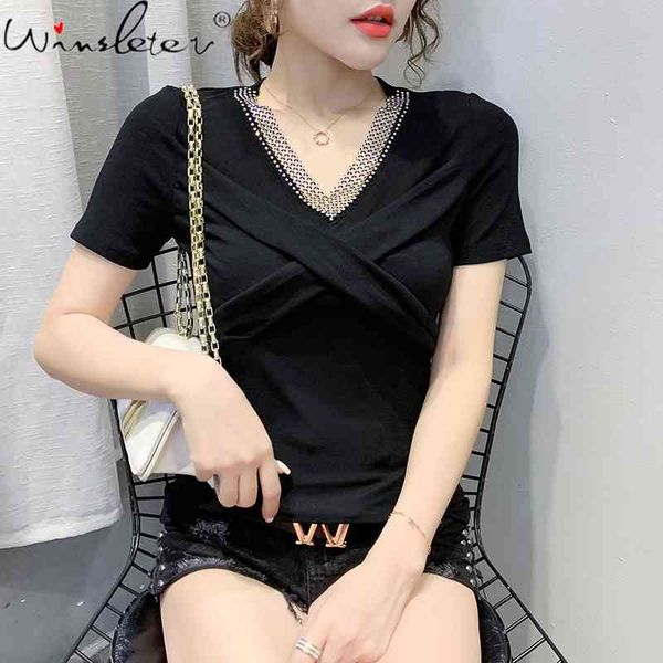 women's t-shirt summer european clothes t-shirt fashion v-neck diamonds drape women short sleeve ropa mujer casual tees, White
women's t-shirt summer european clothes t-shirt fashion v-neck diamonds drape women short sleeve ropa mujer casual tees, White