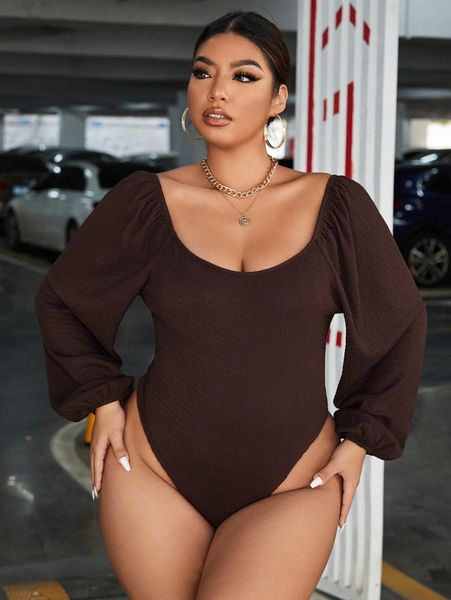 plus textured scoop neck lantern sleeve bodysuit j3so#, Black 
plus textured scoop neck lantern sleeve bodysuit j3so#, Black
