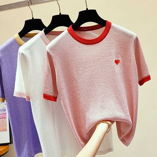 women's t-shirt lurex glitter women summer shirt knitted casual short sleeves o-neck slim kintwear basic female t-shirt un90, White
women's t-shirt lurex glitter women summer shirt knitted casual short sleeves o-neck slim kintwear basic female t-shirt un90, White