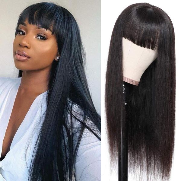 hair bulks brazilian bone straight human with bangs fringe bob none lace front glueless full machine made for women, Black 
hair bulks brazilian bone straight human with bangs fringe bob none lace front glueless full machine made for women, Black