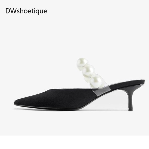slippers pearl pointed toe women mules thin heel slip on outside, Black 
slippers pearl pointed toe women mules thin heel slip on outside, Black