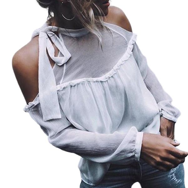 women elegant fashion chiffon blouse off shoulder see through solid color halter bandage shirts autumn women's blouses &, White
women elegant fashion chiffon blouse off shoulder see through solid color halter bandage shirts autumn women's blouses &, White