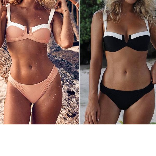 women's swimwear color matching pleted v-neck bikini suit split two piece young sport woman bikinis 2021 push up underwear women set, White;black
women's swimwear color matching pleted v-neck bikini suit split two piece young sport woman bikinis 2021 push up underwear women set, White;black