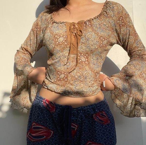 women's t-shirt vintage retro floral square collar shirt long ruffle sleeve drawstring ladies casual party street brown dailywear, White
women's t-shirt vintage retro floral square collar shirt long ruffle sleeve drawstring ladies casual party street brown dailywear, White