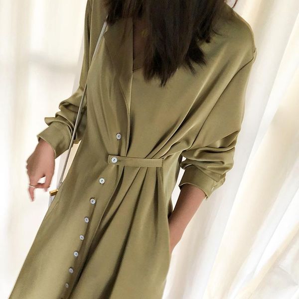 casual dresses spring waist long sleeve vintage shirt women elegant v-neck loose satin midi dress a-line mujer, Black;gray
casual dresses spring waist long sleeve vintage shirt women elegant v-neck loose satin midi dress a-line mujer, Black;gray