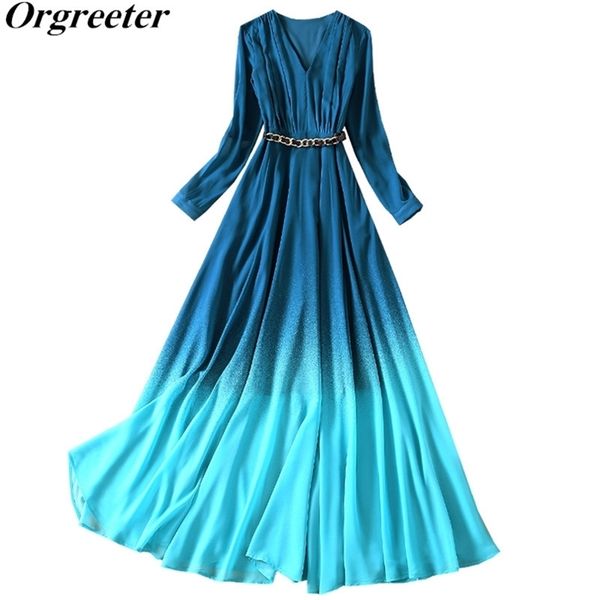 fashion design summer fall long maxi dress women v-neck sleeve ruched contrast color gradient chiffon with belt 210602, Black;gray 
fashion design summer fall long maxi dress women v-neck sleeve ruched contrast color gradient chiffon with belt 210602, Black;gray